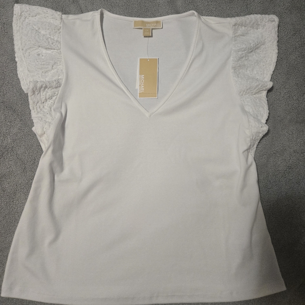 MICHAEL Michael Kors White V-Neck Blouse with Lace Sleeves